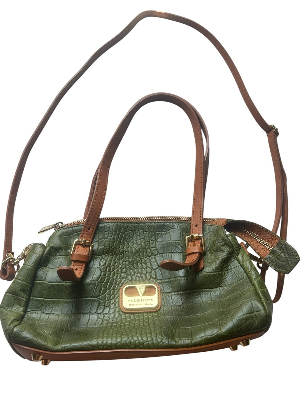 Valentina Genuine Leather Green Croc Embossed Satchel Crossbody Bag Made in Ital